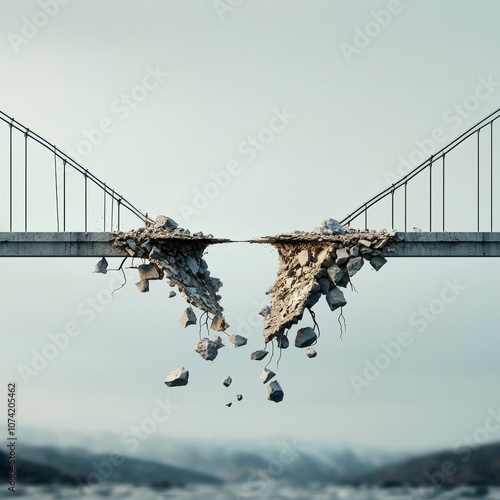 A crumbling bridge connecting two nations a symbol of division and disconnection in a fragmented world photo