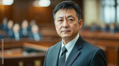 A professional portrait of a middle-aged Asian businessman dressed in a formal suit, exuding confidence and authority in a corporate setting. Ideal for business-related themes.