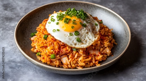 A serving of kimchi bokkeumbap, fried rice with kimchi, pork, and a fried egg on top.


 photo