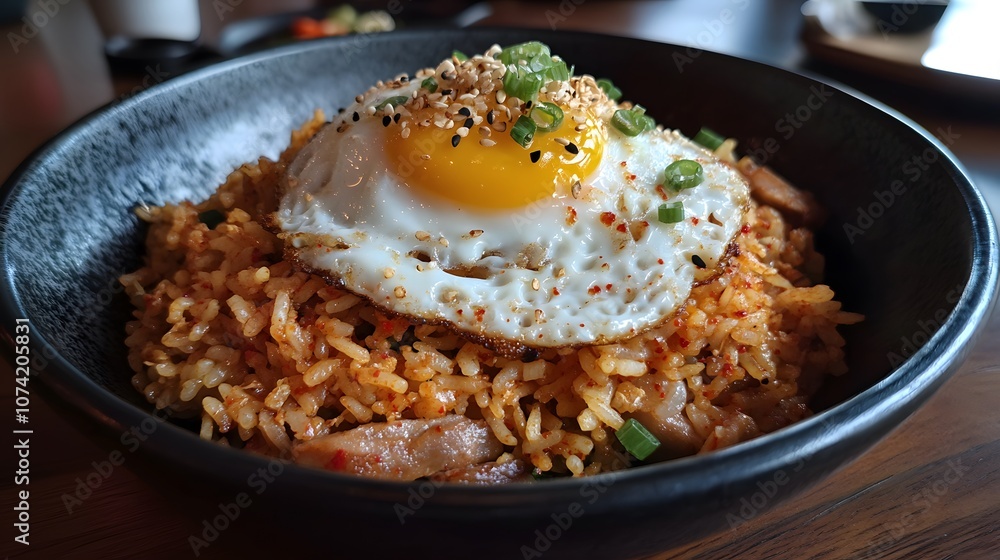 A serving of kimchi bokkeumbap, fried rice with kimchi, pork, and a fried egg on top.
A serving of kimchi bokkeumbap, fried rice with kimchi, pork, and a fried egg on top.