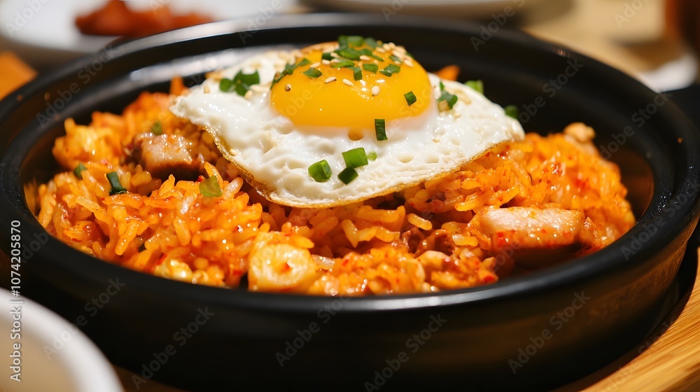 A serving of kimchi bokkeumbap, fried rice with kimchi, pork, and a fried egg on top.
A serving of kimchi bokkeumbap, fried rice with kimchi, pork, and a fried egg on top.
