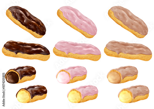 ベクター   エクレア　バラエティ　チョコレート　苺　モカ　カスタード　クリーム