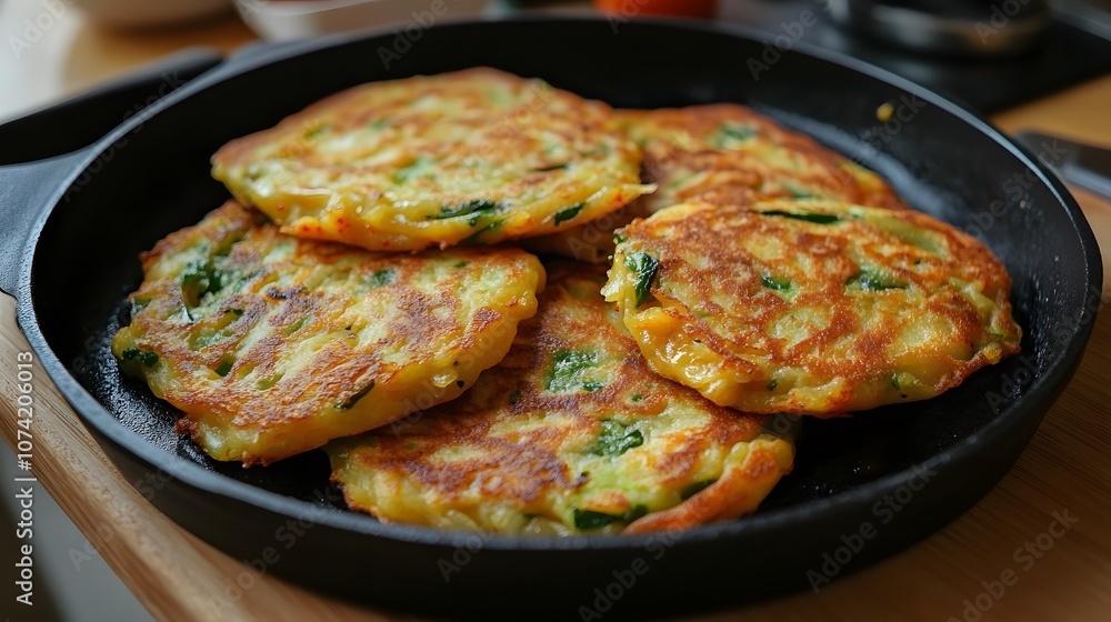 A serving of kimchi pancakes (kimchijeon), savory pancakes made with kimchi and flour, pan-fried until crispy.
A serving of kimchi pancakes (kimchijeon), savory pancakes made with kimchi and flour, pan-fried until crispy.