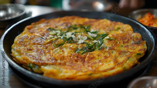 A serving of kimchi pancakes (kimchijeon), savory pancakes made with kimchi and flour, pan-fried until crispy.