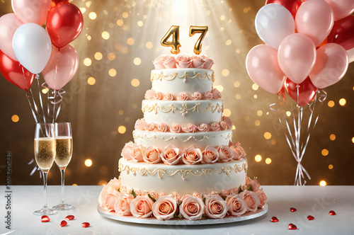 47th wedding anniversary celebration. Wedding cake, champagne and bouquet of rose flower. Romantic background.
 photo