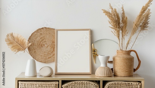 Ai Generate Stylish white interior of living room with mock up poster frame, rattan decoration, leaf, wooden shelf, dried flowers and elegant personal stuff Neutral concept of home decor 