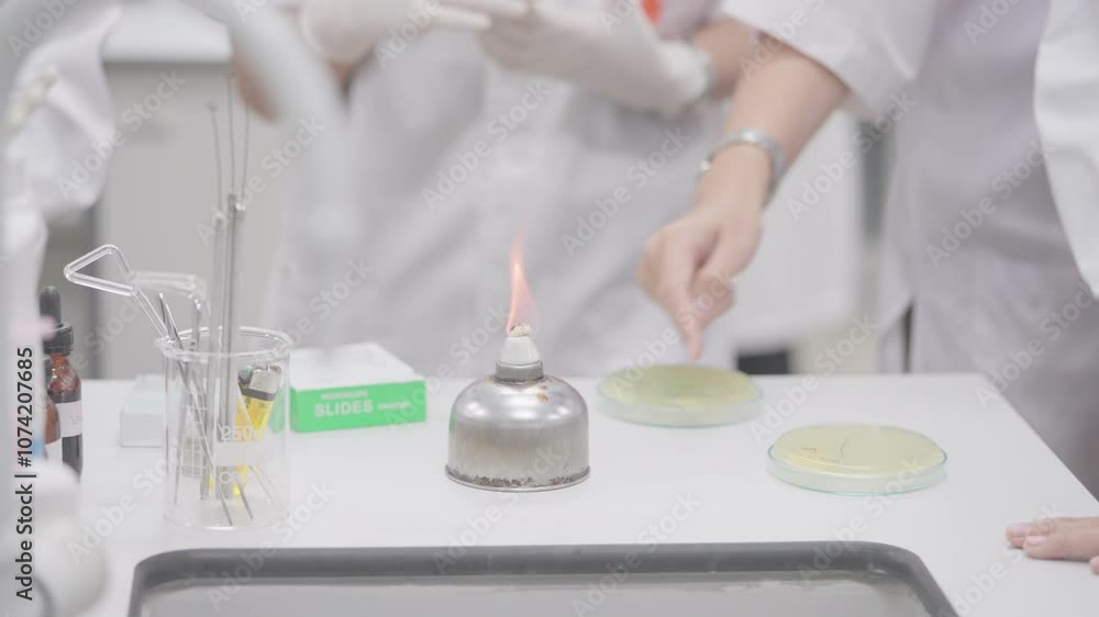 A group of people are working on a science experiment. One of the people is holding a small glass jar with a green label on it A group of people are working on a science experiment. One of the people is holding a small glass jar with a green label on it