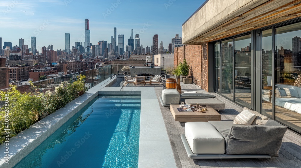 Obraz premium Rooftop terrace with luxury pool, cityscape view, and comfortable outdoor seating 