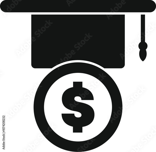Graduation cap positioned above a dollar coin, representing the financial aspects of education, tuition fees, student loans, and return on investment