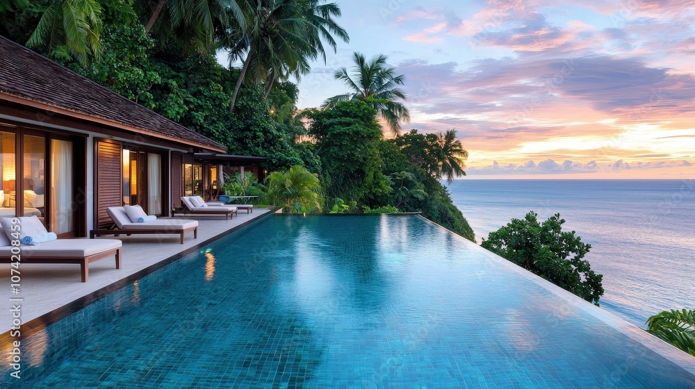 Fototapeta premium Luxury Villa with Infinity Pool and Ocean View at Sunset