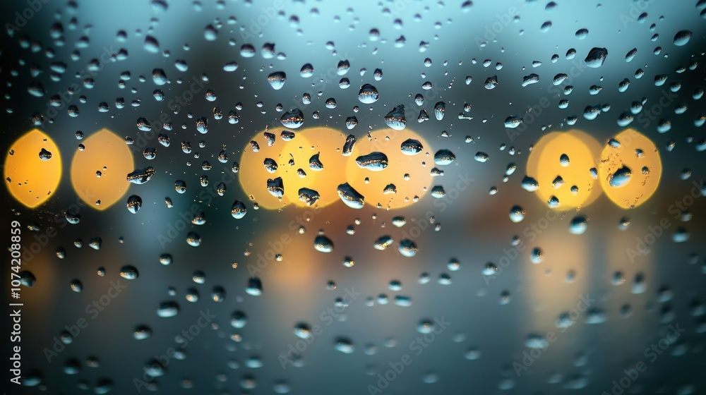 Naklejka premium Close-Up of Raindrops on Window Glass with Blurry Colorful Lights in Background, Creating a Dreamy and Atmospheric Mood on a Rainy Day