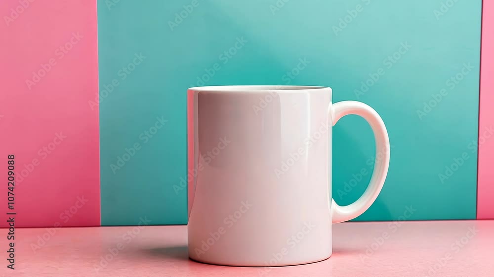 A white mug sits on a pink surface in front of a pink and turquoise wall A white mug sits on a pink surface in front of a pink and turquoise wall