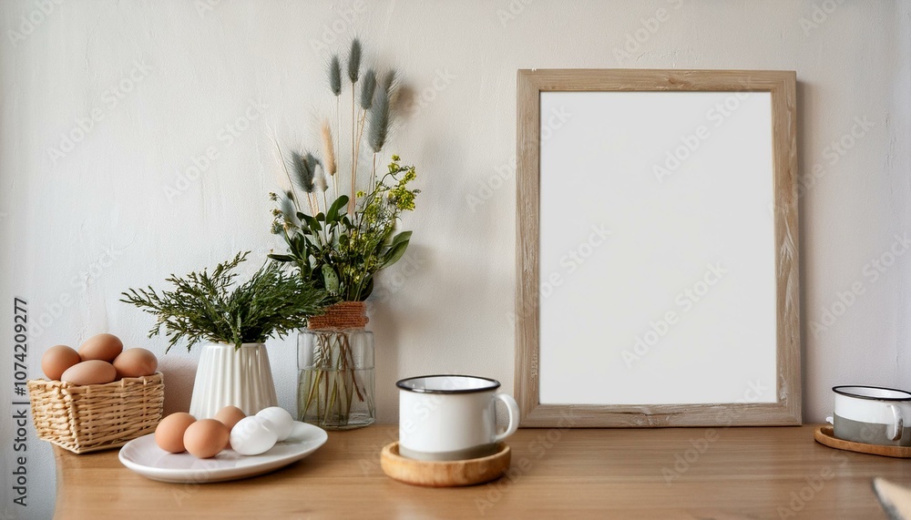Ai Generate Stylish interior design of kitchen space with small table with mock up frame, herbs, cups of tea and eggs Minimalistic interior Ai Generate Stylish interior design of kitchen space with small table with mock up frame, herbs, cups of tea and eggs Minimalistic interior