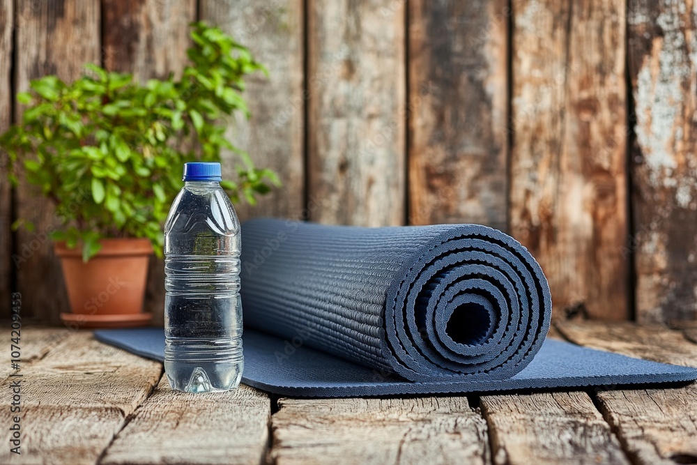 Fototapeta premium Yoga Mat and Water Bottle Next to Towel on Table
