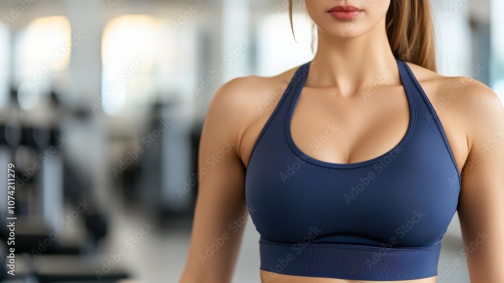 A fit individual wearing a navy sports bra stands confidently in a bright gym environment, emphasizing a healthy lifestyle and workout dedication. A fit individual wearing a navy sports bra stands confidently in a bright gym environment, emphasizing a healthy lifestyle and workout dedication.