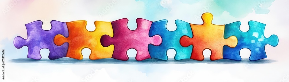 Fototapeta premium Business teamwork, interlocking puzzle pieces forming a solution, watercolor style