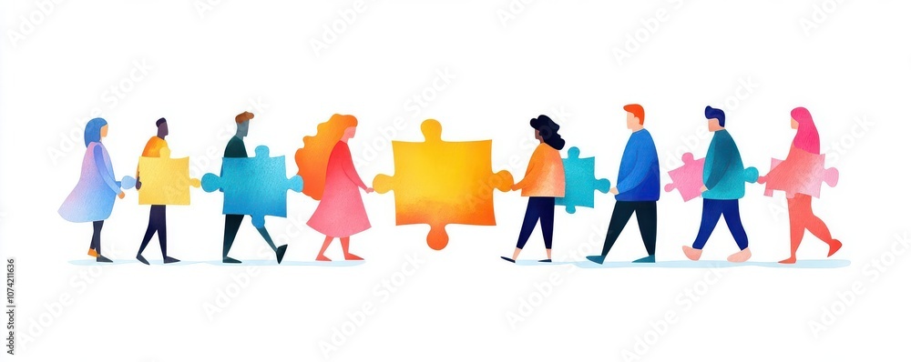 Group of people, puzzle piece shapes forming connection, vibrant tones, watercolor style Group of people, puzzle piece shapes forming connection, vibrant tones, watercolor style