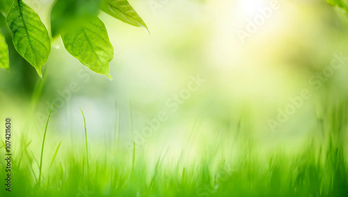 Close up of nature view green grass leaf on blurred greenery background under sunlight with bokeh and copy space using as background natural plants landscape, ecology cover concept.
