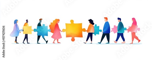 Group of people, puzzle piece shapes forming connection, vibrant tones, watercolor style