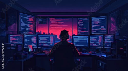 A Focused Programmer Engrossed in Multiple Monitors with Colorful Code Against a City Skyline During Twilight Hours