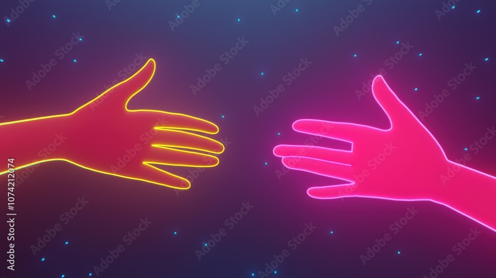 Neon Hands Reaching Out in Cosmic Space Abstract Connection Concept Neon Hands Reaching Out in Cosmic Space Abstract Connection Concept