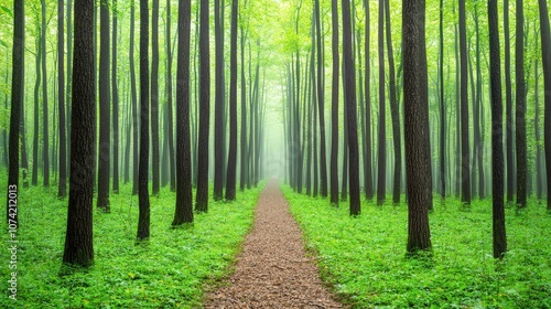 Mystical Forest Path With Foggy Ambiance And Green Trees