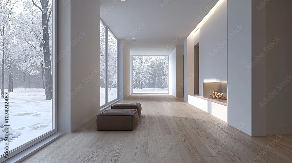 Obraz premium Empty room modern interior design, a minimalist-style living room with a wooden floor and white wall mock-up background, a window with a winter view. Modern home decor concept