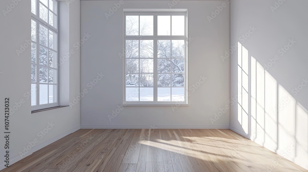 Empty room modern interior design, a minimalist-style living room with a wooden floor and white wall mock-up background, a window with a winter view. Modern home decor concept Empty room modern interior design, a minimalist-style living room with a wooden floor and white wall mock-up background, a window with a winter view. Modern home decor concept