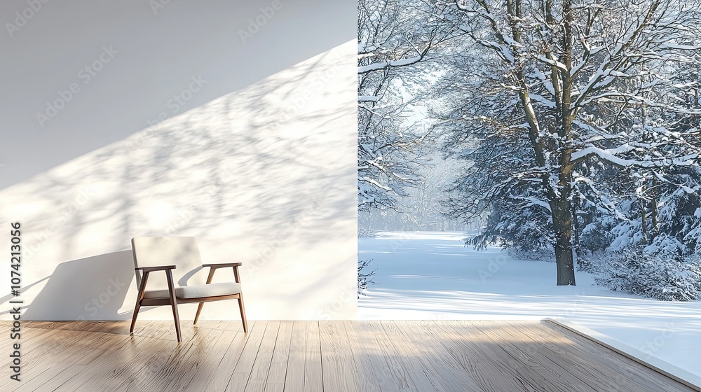 Empty room modern interior design, a minimalist-style living room with a wooden floor and white wall mock-up background, a window with a winter view. Modern home decor concept Empty room modern interior design, a minimalist-style living room with a wooden floor and white wall mock-up background, a window with a winter view. Modern home decor concept