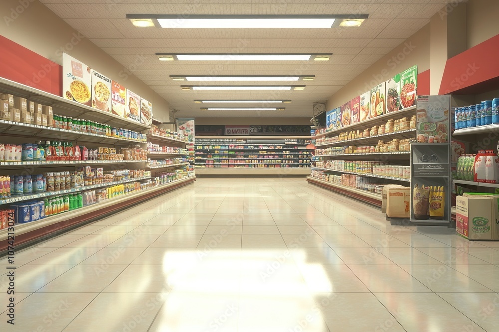 An empty grocery store aisle with rows of stocked shelves on both sides. An empty grocery store aisle with rows of stocked shelves on both sides.