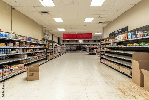 An empty grocery store aisle with shelves stocked with canned goods and a cardboard box on the floor.