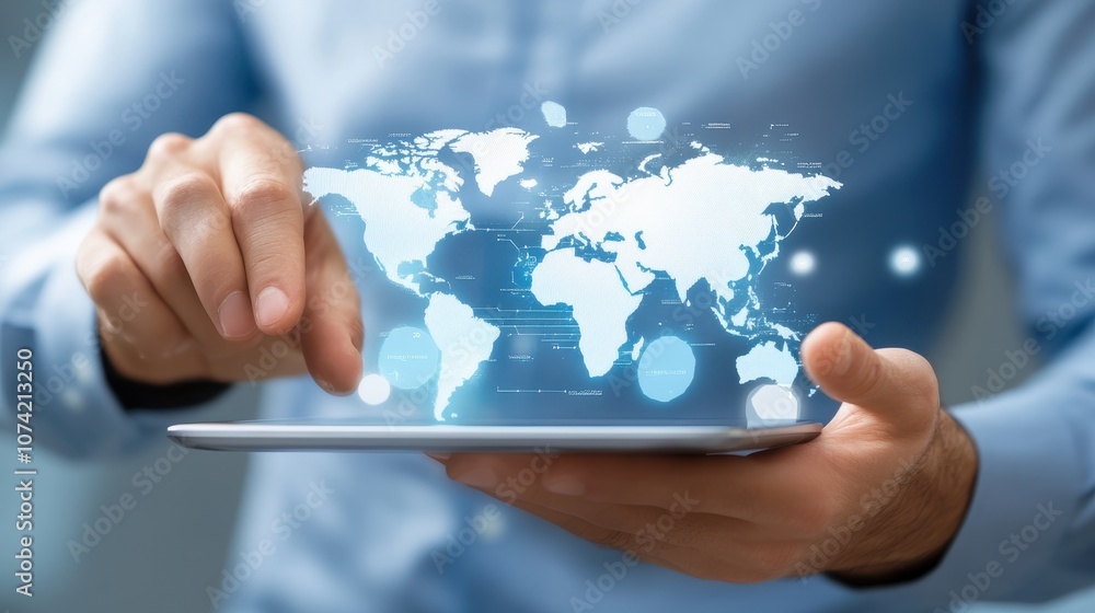 Hand interacting with a world map hologram on a tablet, symbolizing global connections, technology, and data analysis. Hand interacting with a world map hologram on a tablet, symbolizing global connections, technology, and data analysis.