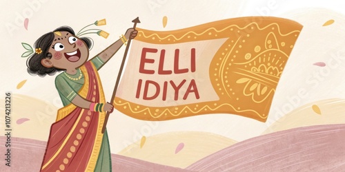 Festive illustration of a young indian girl joyfully holding a traditional banner with kannada inscription elli idiya, celebrating karnataka's rich cultural heritage and traditions photo