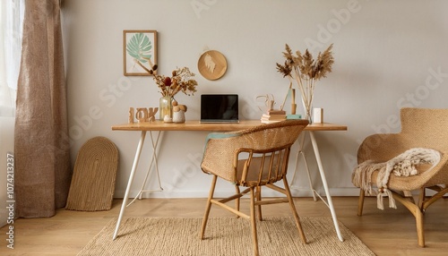 Ai Generate Interior design of neutral bohemian living room interior with stylish desk, armchair, dried flowers in vase, book, decoration, office supplies, copy space, notes and personal accessories 