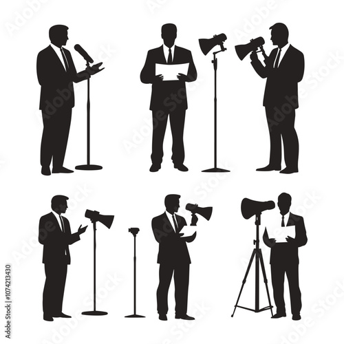 Journalists and Media Crew Silhouettes with Cameras and Microphones