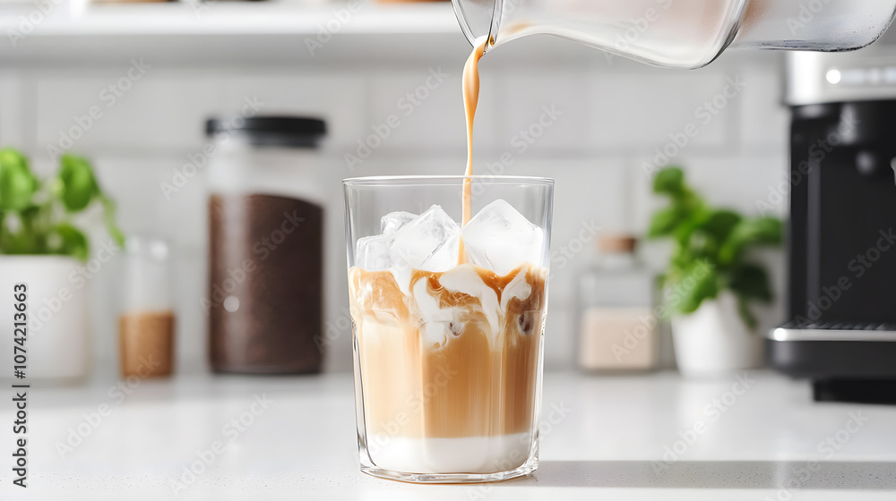 Refreshing iced coffee is being prepared with sweetened condensed milk poured over ice. creamy texture and rich flavor create delightful beverage experience Refreshing iced coffee is being prepared with sweetened condensed milk poured over ice. creamy texture and rich flavor create delightful beverage experience
