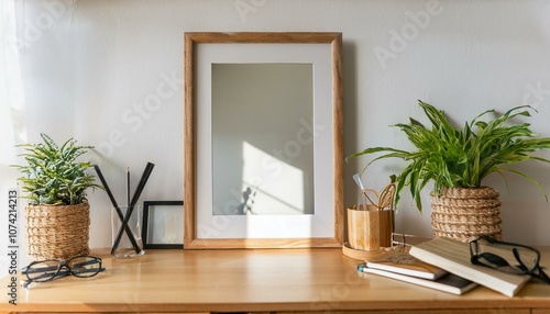 Ai Generate Stylish scanidnavian interior with mock up photo frame, design office accessories and plants on the wooden desk Beautiful mirror on the white wall Creative desk of home decor Warm and sun photo