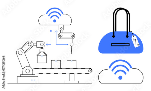 Robotic arm on assembly line connected to cloud, bag with price tag and wireless symbols. Ideal for robotics, IoT, smart manufacturing, automation, inventory management, retail technology, and supply