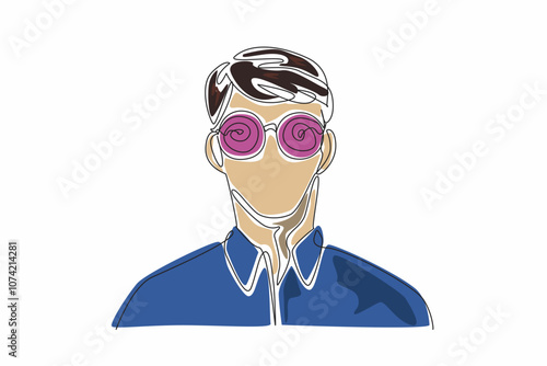 World Hypnotism Day. One single line drawing of young handsome man wearing hypnotizing glasses.  Technique through which one can affected an access subconscious mind to change behavior.