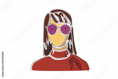Single continuous line drawing of young beauty woman wearing fancy hypnotizing glasses. World Hypnotism Day. Method to solve problems, help in ending addiction, overcome fear, achieve goal