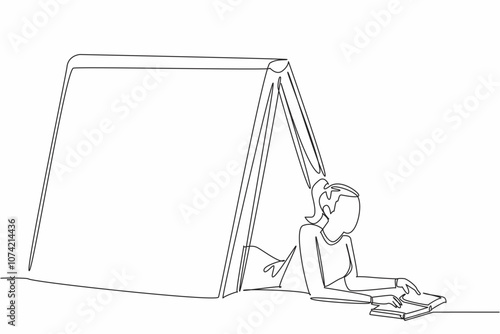 World Introvert Day. Continuous one line drawing of beauty young woman reading a book. lying down under big book. Book camp concept for shy people. Annual event. Single line vector illustration