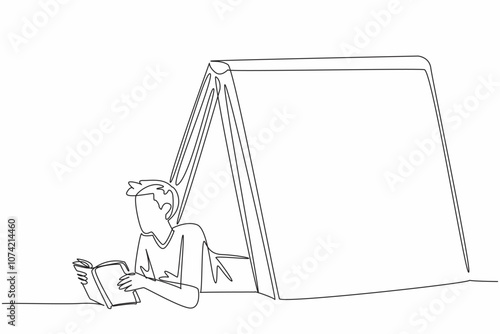 One single line draw of young man lying on floor while reading a storybook under a giant book like a tent. Private comfort zone area. World Introvert Day event. Continuous line art vector illustration