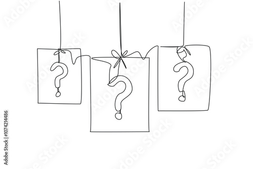 Single continuous line drawing of question mark sign on paper posters hanging with rope. National Trivia Day.