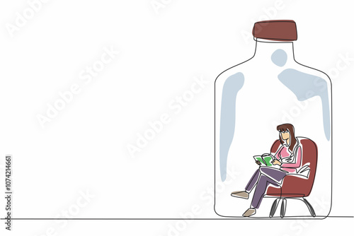 One single line draw young beauty woman sit on comfy sofa seat, reading a novel book inside of big glass bottle. Alone but not lonely concept. World Introvert Day. World event. Psychological problem