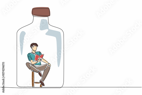 World Introvert Day. Single continuous line draw of handsome man sitting on chair and reading the story book inside of glass bottle. Human mental health. Communication difficulty. Vector illustration