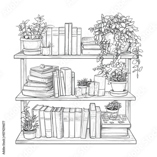 Black and White Bookshelf Illustration with Vintage Details