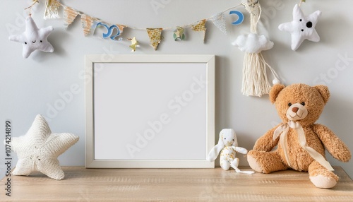 Ai Generate Stylish and cozy childroom with white mock up photo frame, wooden accessories, toys, clouds, plush octopus and white garland and stars on the wall Bright and sunny interior , 