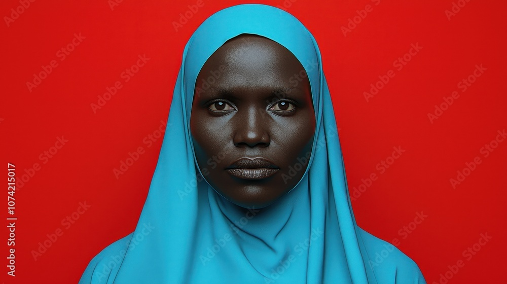 Portrait of a Black Woman in a Blue Hijab Against a Red Background Portrait of a Black Woman in a Blue Hijab Against a Red Background