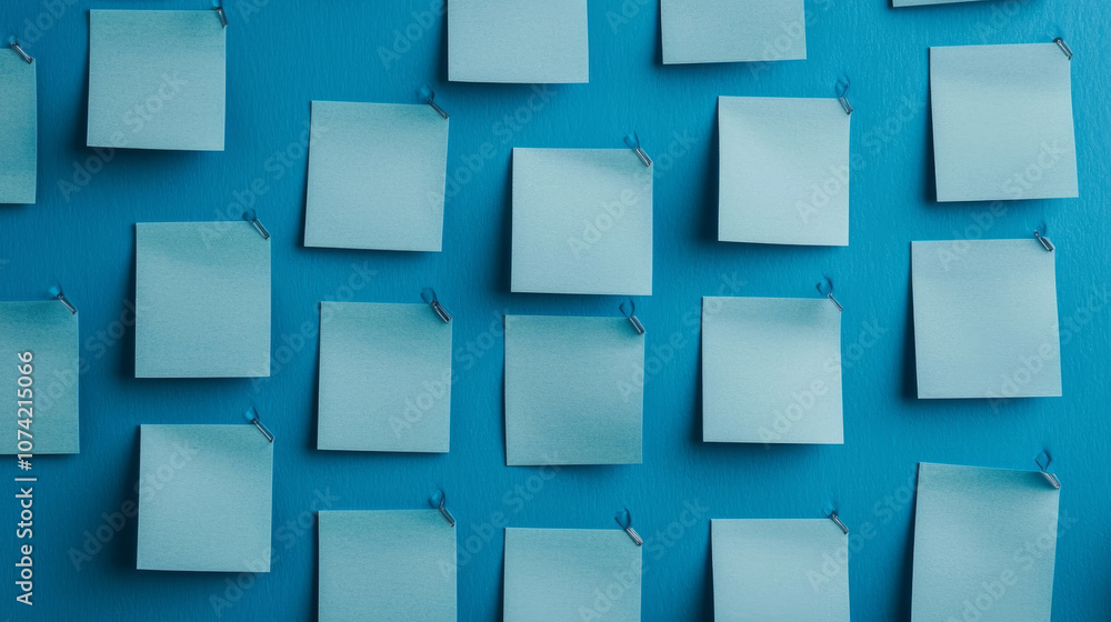 Blue sticky notes on blue background create vibrant, organized look Blue sticky notes on blue background create vibrant, organized look