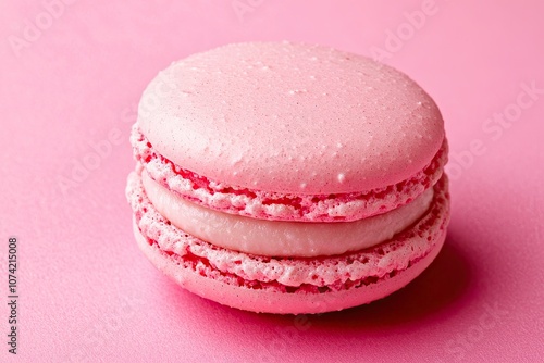 Tasty macaroons on pink background with copy space. Minimal style